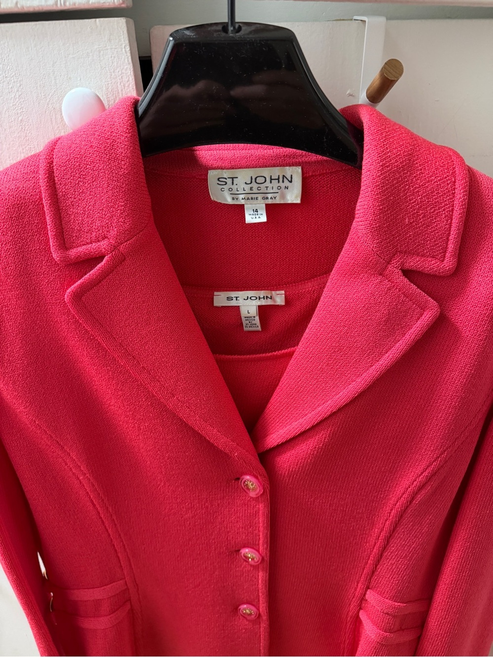 St. John Collection Vibrant Pink Knit Blazer, Top & Skirt, 3 piece set, size 14